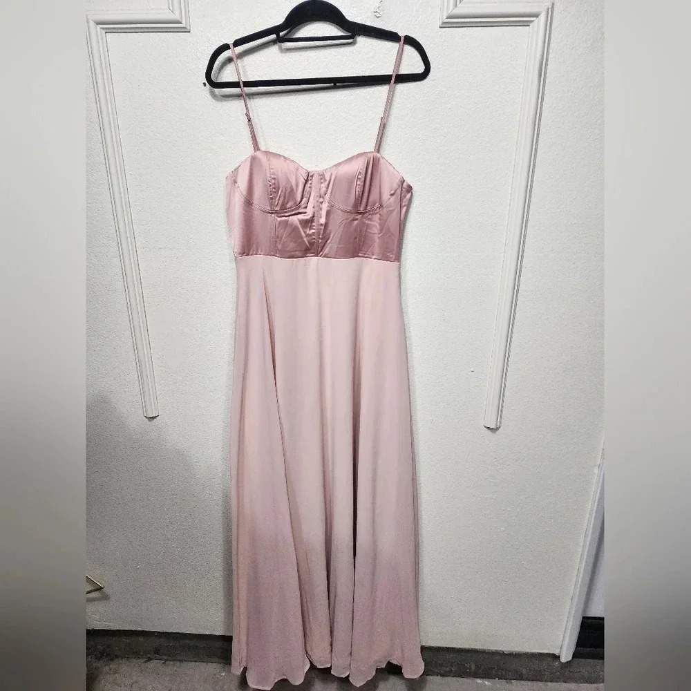 Lulus Best Part Of Me Blush Satin Bustier Maxi Dress L Wedding Party Guest Prom - Picture 7 of 11